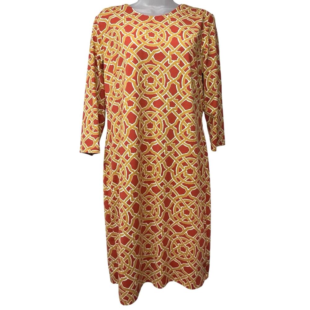 J. McLaughlin Sophia Catalina Cloth Dress Large 3/4 Sleeve Rust Gold Geometric